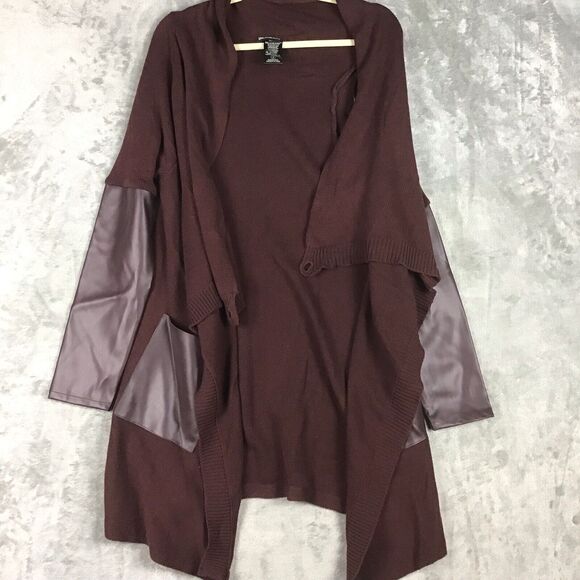 Blank NYC Women’s Size S Maroon Faux Leather Panel Drape Cardigan Sweater - Picture 12 of 14